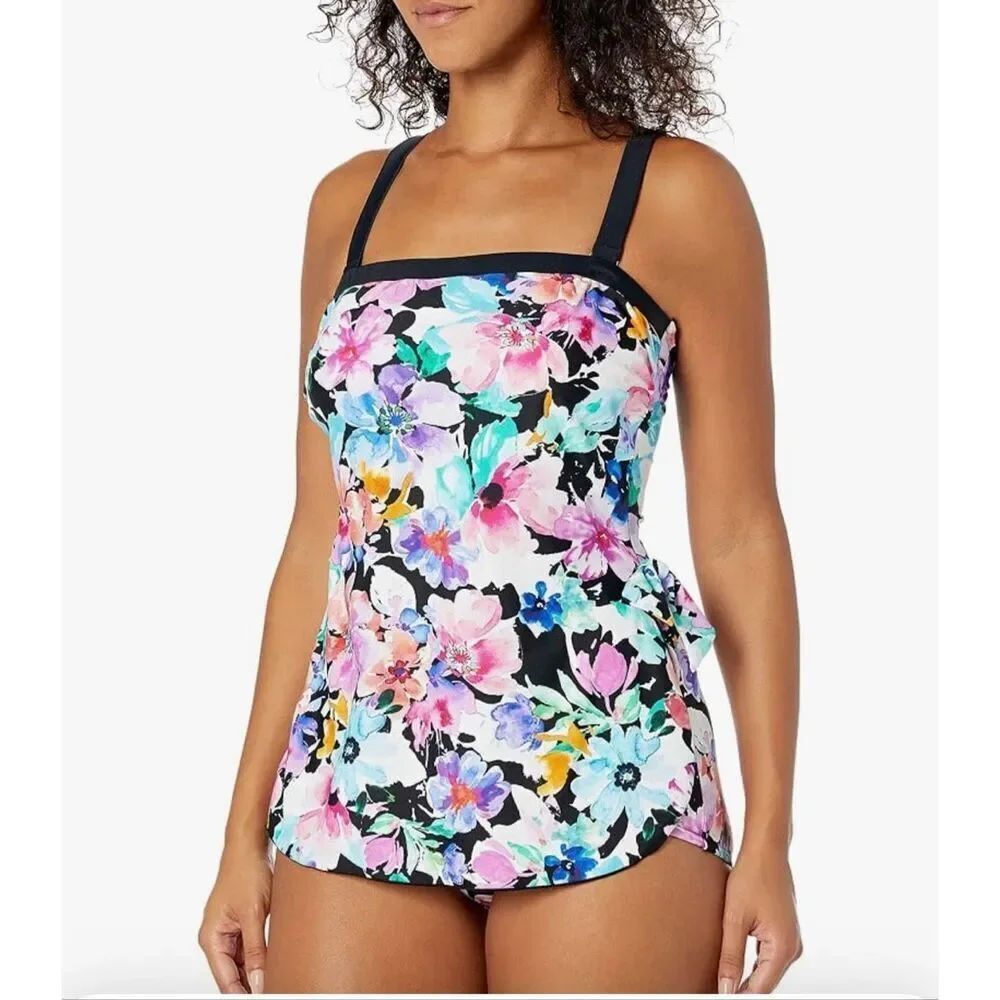 Maxine Of Hollywood One Piece Swimsuit Dress Watercolor Floral Convertible Strap